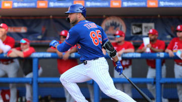 Mar 4, 2020; Port St. Lucie, Florida, USA; New York Mets outfielder Tim Tebow (85) at bat against the St. Louis Cardinals in the the eight inning at First Data Field. Mandatory Credit: Sam Navarro-USA TODAY Sports