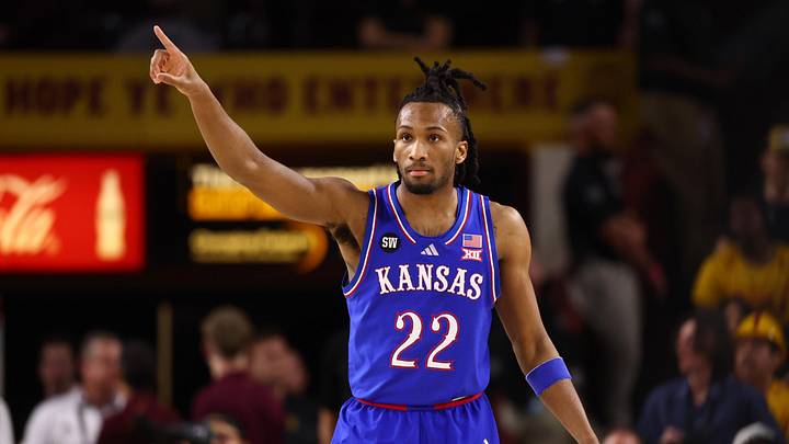 Mar 3, 2026; Tempe, Arizona, USA; Kansas Jayhawks guard Darryn Peterson (22) reacts against the Arizona State Sun Devils in the first half at Desert Financial Arena. Mandatory Credit: Mark J. Rebilas-Imagn Images