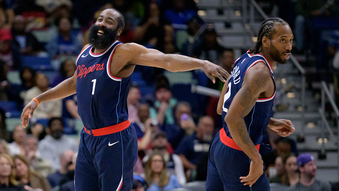 Los Angeles Clippers forward Kawhi Leonard (2) and Los Angeles Clippers guard James Harden (1)