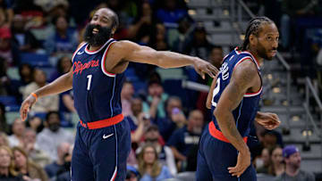 Los Angeles Clippers forward Kawhi Leonard (2) and Los Angeles Clippers guard James Harden (1)