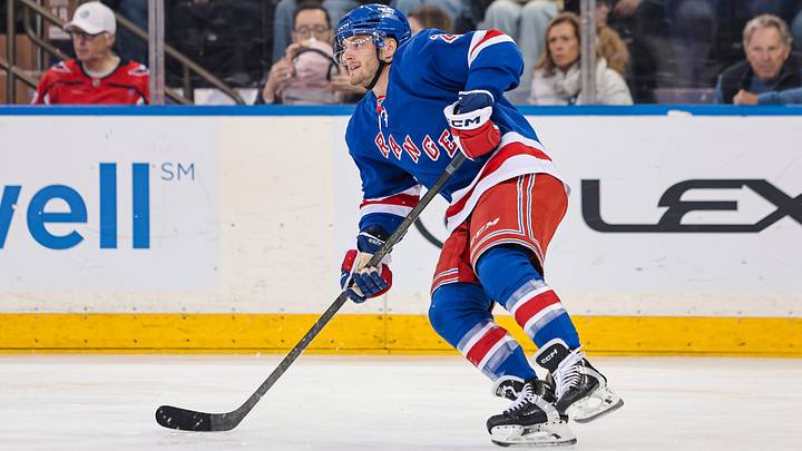 Apr 5, 2026; New York, New York, USA; New York Rangers center Jonny Brodzinski (22) skates against the Washington Capitals during the first period at Madison Square Garden. Apr 5, 2026; New York, New York, USA; New York Rangers center Jonny Brodzinski (22) skates against the Washington Capitals during the first period at Madison Square Garden.