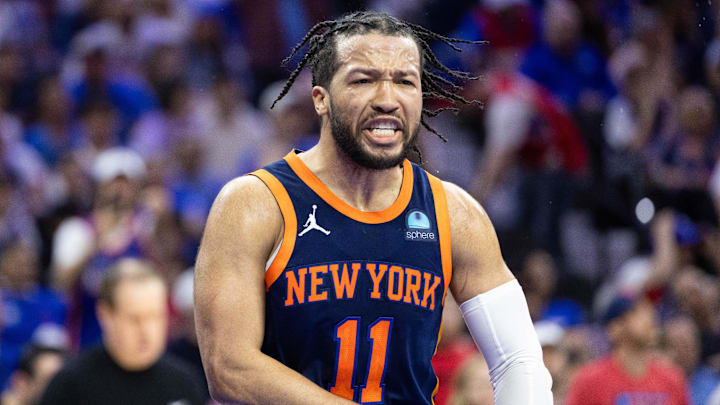 Apr 28, 2024; Philadelphia, Pennsylvania, USA; New York Knicks guard Jalen Brunson (11) reacts after scoring against the Philadelphia 76ers during the fourth quarter of game four of the first round in the 2024 NBA playoffs at Wells Fargo Center. Mandatory Credit: Bill Streicher-Imagn Images