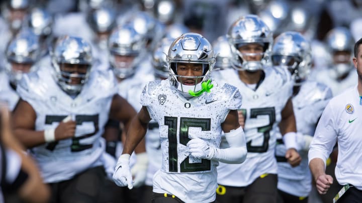 Nov 18, 2023; Tempe, Arizona, USA; Oregon Ducks wide receiver Tez Johnson (15) against the Arizona State Sun Devils at Mountain America Stadium. Mandatory Credit: Mark J. Rebilas-USA TODAY Sports