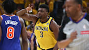 Indiana Pacers center Thomas Bryant (3) celebrates after a three-point basket against the New York Knicks in the third quarter during game six of the eastern conference finals for the 2025 NBA Playoffs at Gainbridge Fieldhouse.