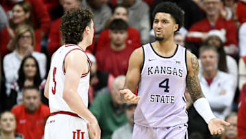 Kansas State guard PJ Haggerty and Indiana guard Conor Enright on Nov. 25, 2025, at Simon Skjodt Assembly Hall.