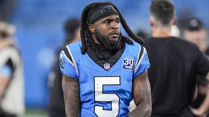 Oct 13, 2024; Charlotte, North Carolina, USA; Carolina Panthers wide receiver Diontae Johnson (5) makes his way back to the locker room after the end of the second half against the Atlanta Falcons at Bank of America Stadium. Mandatory Credit: Jim Dedmon-Imagn Images