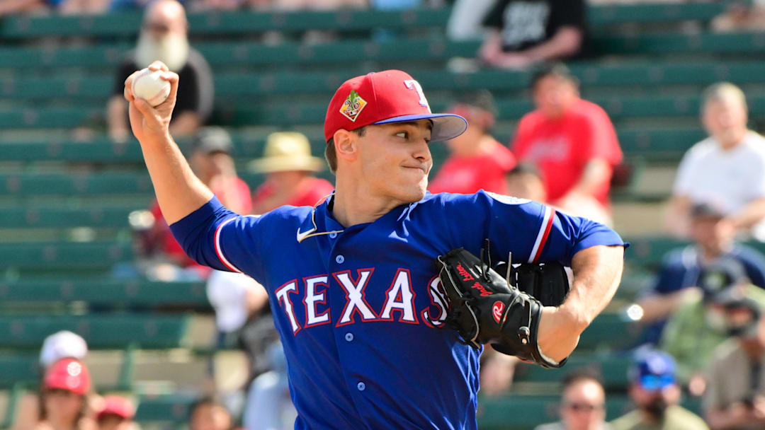 Feb 23, 2026; Tempe, Arizona, USA;  Texas Rangers pitcher Jack Leiter (22) throws in the first inning against the Los Angeles Angels during a spring training game at Tempe Diablo Stadium. Mandatory Credit: Matt Kartozian-Imagn Images
