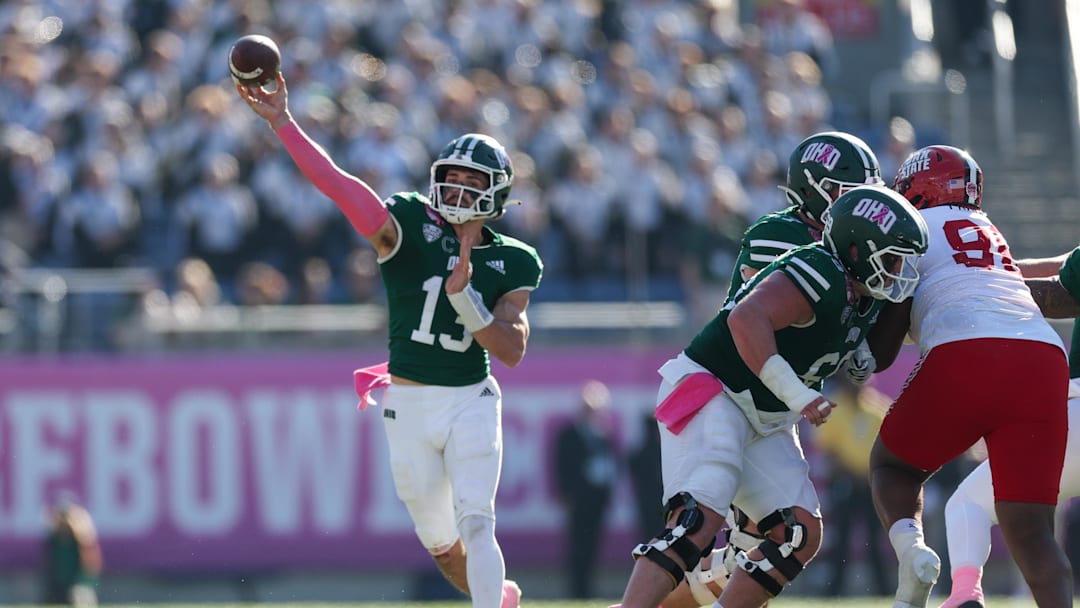 Dec 20, 2024; Orlando, FL, USA; Ohio Bobcats quarterback Parker Navarro (13) throws a pass against the Jacksonville State Gamecocks in the third quarter at Camping World Stadium. Mandatory Credit: Nathan Ray Seebeck-Imagn Images
