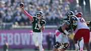 Dec 20, 2024; Orlando, FL, USA; Ohio Bobcats quarterback Parker Navarro (13) throws a pass against the Jacksonville State Gamecocks in the third quarter at Camping World Stadium. Mandatory Credit: Nathan Ray Seebeck-Imagn Images