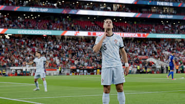 Diogo Dalot celebrates scoring for Portugal against Croatia in the nations league 