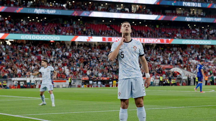 Diogo Dalot celebrates scoring for Portugal against Croatia in the nations league 