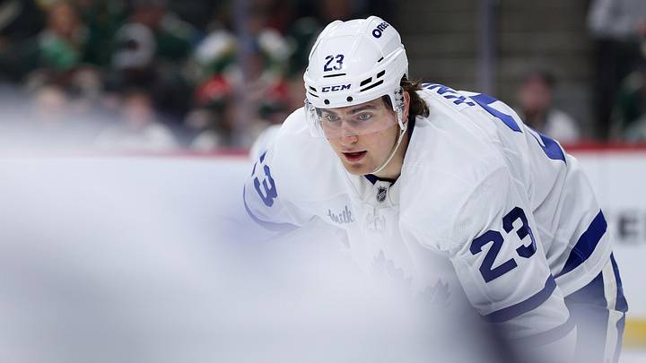Mar 15, 2026; Saint Paul, Minnesota, USA; Toronto Maple Leafs left wing Matthew Knies (23) prepares for a face-off against the Minnesota Wild during the second period at Grand Casino Arena. Mandatory Credit: Matt Krohn-Imagn Images