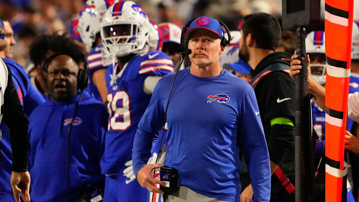 Oct 26, 2023; Orchard Park, New York, USA; Buffalo Bills head coach Sean McDermott looks on from the