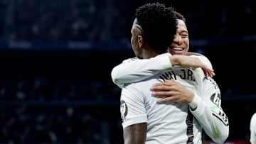 Mbappé e Vinícius Júnior celebrando após gol do Real Madrid Mbappé e Vinícius Júnior celebrando após gol do Real Madrid