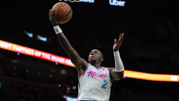 Jan 17, 2025; Miami, Florida, USA;  Miami Heat guard Terry Rozier (2) drives to the basket against the Denver Nuggets during the fourth quarter at Kaseya Center. Mandatory Credit: Sam Navarro-Imagn Images