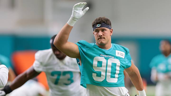 Aug 2, 2026; Miami Gardens, FL, USA; Miami Dolphins edge Mason Reiger (90) works during practice at Baptist Health Training Complex. Mandatory Credit: Sam Navarro-Imagn Images