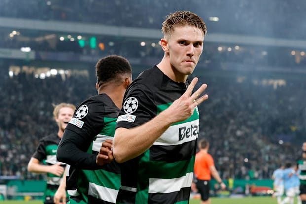 Viktor Gyökeres scores against Man City