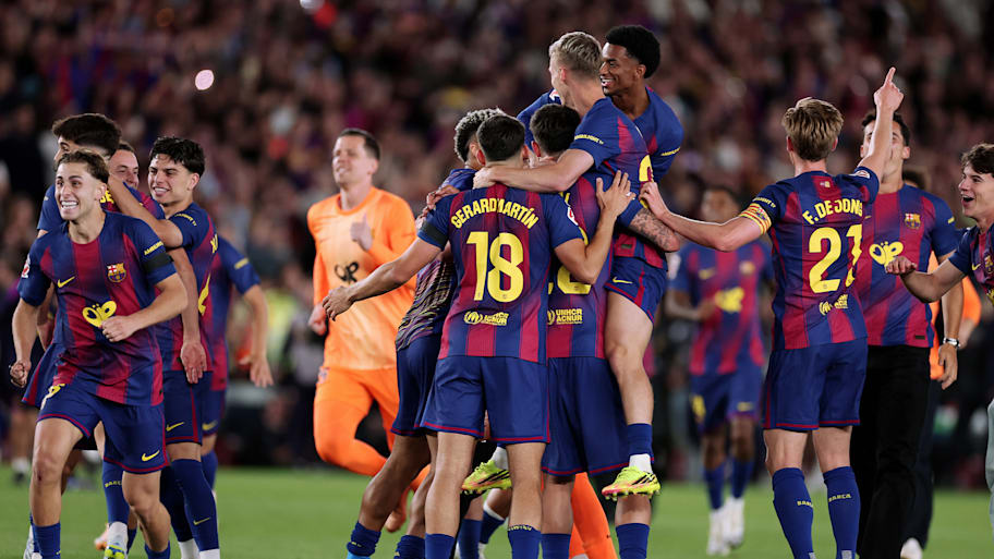 Barcelona players celebrating. 
