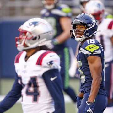 Sep 20, 2020; Seattle, Washington, USA; Seattle Seahawks wide receiver Tyler Lockett (16) reacts after catching a touchdown pass against the New England Patriots during the first quarter at CenturyLink Field. Mandatory Credit: Joe Nicholson-Imagn Images