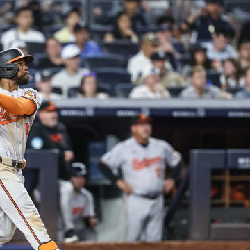 Baltimore Orioles center fielder Cedric Mullins (31) hits an RBI single in the tenth inning against the New York Yankees at Yankee Stadium on June 19.