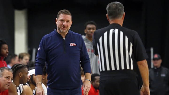 Dec 17, 2025; Tupelo, Mississippi, USA; Mississippi Rebels head coach Chris Beard reacts toward an official during the first half against the Alabama A&M Bulldogs at Cadence Bank Arena. Mandatory Credit: Petre Thomas-Imagn Images