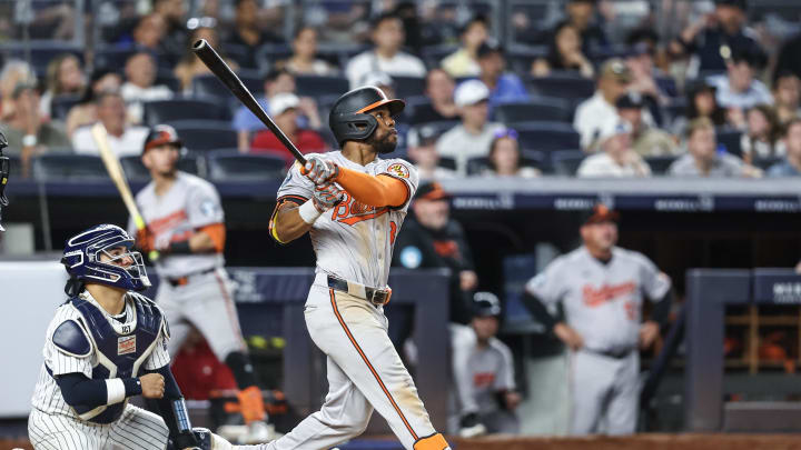 Baltimore Orioles center fielder Cedric Mullins (31) hits an RBI single in the tenth inning against the New York Yankees at Yankee Stadium on June 19.