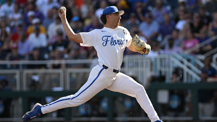 Jun 24, 2023; Omaha, NE, USA;  Florida Gators pitcher Brandon Sproat (8) throws against the LSU Tigers in the first inning at Charles Schwab Field Omaha. 