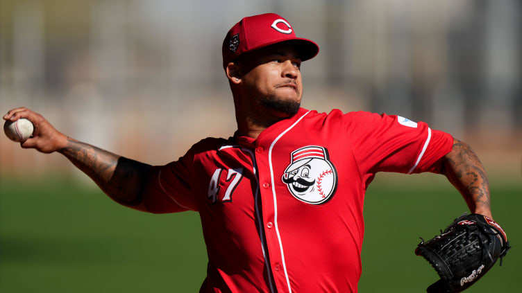 Cincinnati Reds pitcher Frankie Montas (47) throws in the bullpen during spring training workouts.