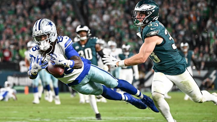 Dallas Cowboys WR CeeDee Lamb is unable to make a reception defended by Philadelphia Eagles CB Cooper DeJean.
