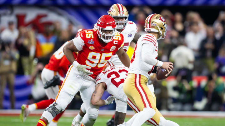 Feb 11, 2024; Paradise, Nevada, USA; Kansas City Chiefs defensive tackle Chris Jones (95) pursues San Francisco 49ers quarterback Brock Purdy in Super Bowl LVIII at Allegiant Stadium. Mandatory Credit: Mark J. Rebilas-USA TODAY Sports