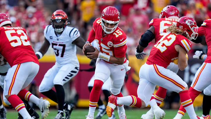 Kansas City Chiefs quarterback Patrick Mahomes (15) runs out of the pocket in the first quarter of the NFL Week 2 game between the Kansas City Chiefs and the Cincinnati Bengals at Arrowhead Stadium in Kansas City on Sunday, Sept. 15, 2024. The Bengals led 16-10 at halftime.