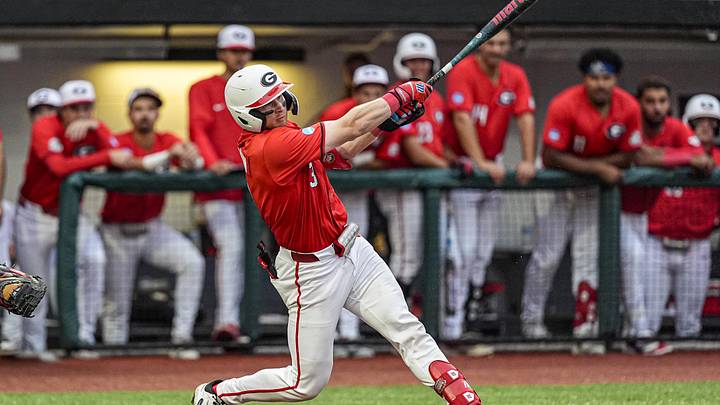 May 31, 2026; Athens, GA, USA; Georgia Bulldogs catcher Daniel Jackson (3) hits a double against the Liberty Flames during the eighth inning at Foley Field. Mandatory Credit: Dale Zanine-Imagn Images