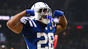 Oct 26, 2025; Indianapolis, Indiana, USA; Indianapolis Colts running back Jonathan Taylor (28) celebrates after scoring a touchdown during the third quarter against the Tennessee Titans at Lucas Oil Stadium. 