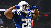 Oct 26, 2025; Indianapolis, Indiana, USA; Indianapolis Colts running back Jonathan Taylor (28) celebrates after scoring a touchdown during the third quarter against the Tennessee Titans at Lucas Oil Stadium. Mandatory Credit: Robert Goddin-Imagn Images