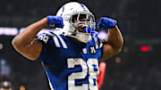 Oct 26, 2025; Indianapolis, Indiana, USA; Indianapolis Colts running back Jonathan Taylor (28) celebrates after scoring a touchdown during the third quarter against the Tennessee Titans at Lucas Oil Stadium. Mandatory Credit: Robert Goddin-Imagn Images