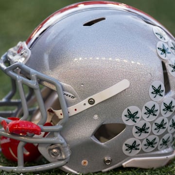 Nov 17, 2012; Madison, WI, USA;  A Ohio State Buckeyes helmet sits on the sidelines during the game against the Wisconsin Badgers at Camp Randall Stadium.  Ohio State defeated Wisconsin 21-14 in overtime.  Mandatory Credit: Jeff Hanisch-Imagn Images