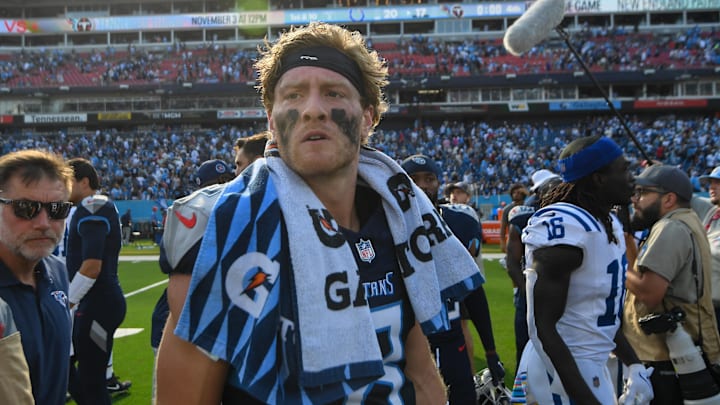 Oct 13, 2024; Nashville, Tennessee, USA; Tennessee Titans Will Levis (8) overlooks the field during post game against the Indianapolis Colts at Nissan Stadium. Oct 13, 2024; Nashville, Tennessee, USA; Tennessee Titans Will Levis (8) overlooks the field during post game against the Indianapolis Colts at Nissan Stadium.