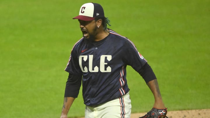 Jun 4, 2024; Cleveland, Ohio, USA; Cleveland Guardians relief pitcher Emmanuel Clase (48) reacts after a win over the Kansas City Royals at Progressive Field. Mandatory Credit: David Richard-USA TODAY Sports