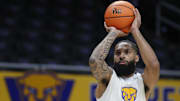 Nov 15, 2024; Pittsburgh, Pennsylvania, USA;  Pittsburgh Panthers guard Damian Dunn (1) warms up before a game against the West Virginia Mountaineers at the Petersen Events Center. Mandatory Credit: Charles LeClaire-Imagn Images