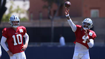 Jul 31, 2024; Oxnard, CA, USA; Dallas Cowboys quarterback Dak Prescott (4) throws next to quarterback Cooper Rush (10) during training camp at the River Ridge Playing Fields in Oxnard, California.  Mandatory Credit: Jason Parkhurst-Imagn Images