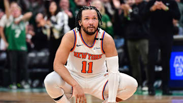 May 14, 2025; Boston, Massachusetts, USA; New York Knicks guard Jalen Brunson (11) fouls out of the game in the second half during game five of the second round for the 2025 NBA Playoffs against the Boston Celtics at TD Garden. Mandatory Credit: Bob DeChiara-Imagn Images