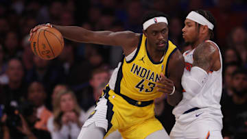 May 21, 2025; New York, New York, USA; Indiana Pacers forward Pascal Siakam (43) controls the ball against New York Knicks guard Miles McBride (2) in the third quarter during game one of the eastern conference finals for the 2025 NBA Playoffs at Madison Square Garden. Mandatory Credit: Brad Penner-Imagn Images