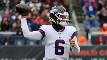 Nov 9, 2025; Chicago, Illinois, USA; New York Giants quarterback Jaxson Dart (6) drops back to pass against the Chicago Bears during the first half at Soldier Field.
