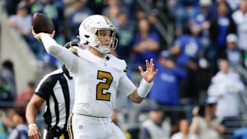 Sep 21, 2025; Seattle, Washington, USA; New Orleans Saints quarterback Spencer Rattler (2) throws the ball during the second quarter against the Seattle Seahawks at Lumen Field. Mandatory Credit: Joe Nicholson-Imagn Images