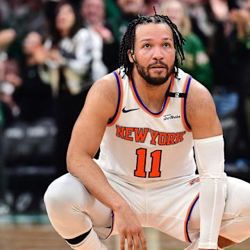 New York Knicks guard Jalen Brunson fouls out of the game in the second half during game five. Mandatory Credit: Bob DeChiara-Imagn Images