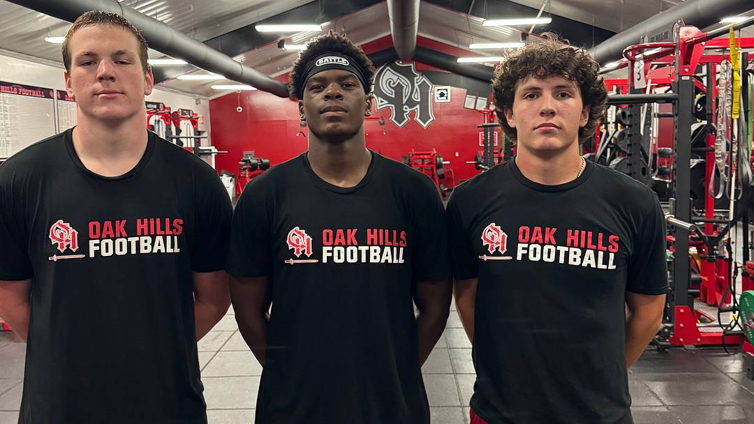 Highlander trio Tyler Newman (left), Cordell Ball (center) and Lincoln Schreiber (right) will lead the Oak Hills offense in 2026. 