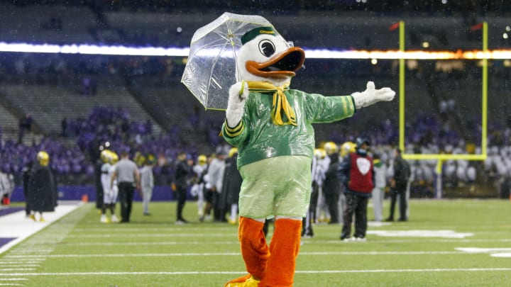 Nov 6, 2021; Seattle, Washington, USA; The Oregon Ducks mascot.