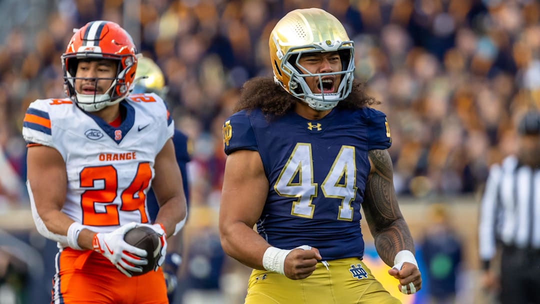 Notre Dame defensive lineman Junior Tuihalamaka celebrates a stop against Syracuse during the first half of a blowout win over the Orange.