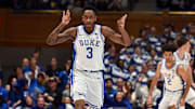Nov 23, 2025; Durham, North Carolina, USA; Duke Blue Devils forward Isaiah Evans (3) reacts after hitting a three-pointer during the first half against the Howard Bison at Cameron Indoor Stadium. Mandatory Credit: Rob Kinnan-Imagn Images