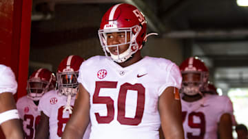 Sep 18, 2021; Gainesville, Florida, USA; Alabama Crimson Tide defensive lineman Tim Smith (50) against the Florida Gators at Ben Hill Griffin Stadium. Mandatory Credit: Mark J. Rebilas-Imagn Images